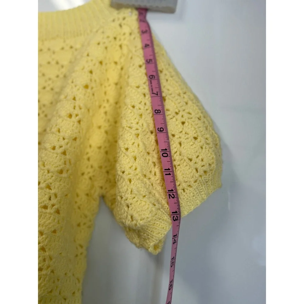 Vintage Yellow Crochet Knit Short Sleeve Sweater Pointelle Crew Neck Top